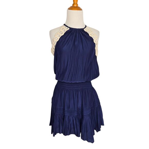 Ramy Brook Rowan Mini Dress Crochet Trim Navy Halter Top Ruffle Women XS - Picture 2 of 13